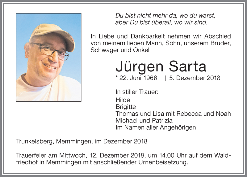  Traueranzeige für Jürgen Sarta vom 08.12.2018 aus Memminger Zeitung