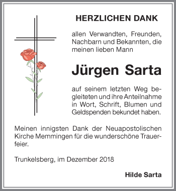 Traueranzeige von Jürgen Sarta von Memminger Zeitung