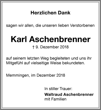 Traueranzeige von Karl Aschenbrenner von Memminger Zeitung