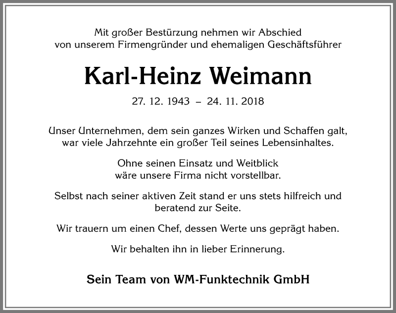  Traueranzeige für Karl-Heinz Weimann vom 10.12.2018 aus Allgäuer Zeitung,Kempten