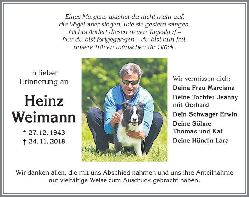  Traueranzeige für Karl-Heinz Weimann vom 10.12.2018 aus Allgäuer Zeitung,Kempten