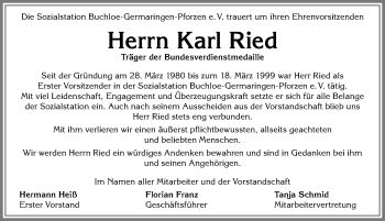 Traueranzeige von Karl Ried von Allgäuer Zeitung, Kaufbeuren/Buchloe