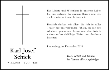 Traueranzeige von Karl Josef Schick von Der Westallgäuer