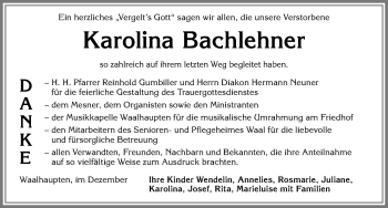Traueranzeige von Karolina Bachlehner von Allgäuer Zeitung, Kaufbeuren/Buchloe