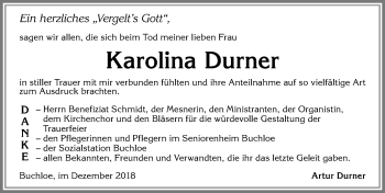Traueranzeige von Karolina Durner von Allgäuer Zeitung, Kaufbeuren/Buchloe