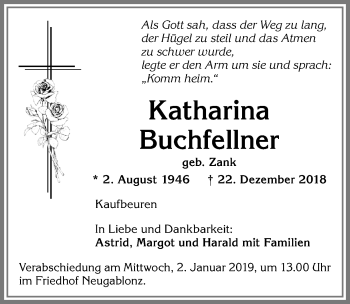 Traueranzeige von Katharina Buchfellner von Allgäuer Zeitung, Kaufbeuren/Buchloe