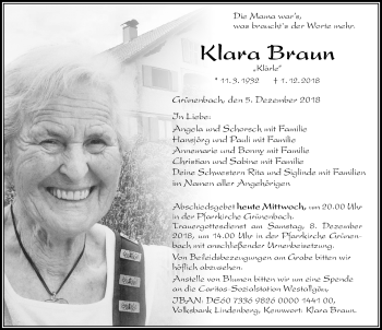 Traueranzeige von Klara Braun von Der Westallgäuer