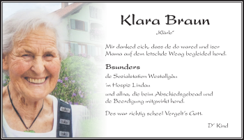 Traueranzeige von Klara Braun von Der Westallgäuer