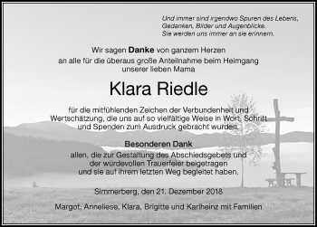 Traueranzeige von Klara Riedle von Der Westallgäuer