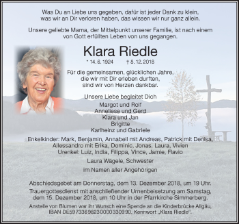 Traueranzeige von Klara Riedle von Der Westallgäuer