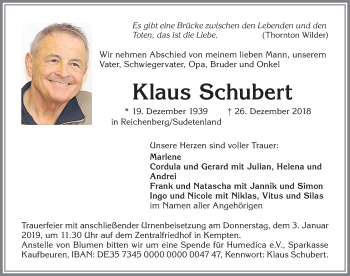 Traueranzeige von Klaus Schubert von Allgäuer Zeitung, Gesamtausgabe