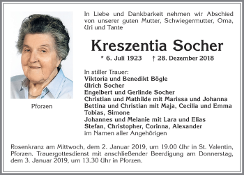 Traueranzeige von Kreszentia Socher von Allgäuer Zeitung, Kaufbeuren/Buchloe