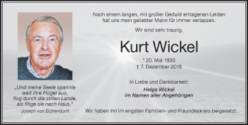 Traueranzeige von Kurt Wickel von Der Westallgäuer