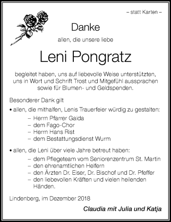 Traueranzeige von Leni Pongratz von Der Westallgäuer