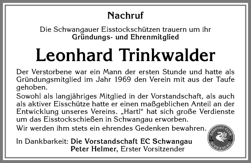  Traueranzeige für Leonhard Trinkwalder vom 06.12.2018 aus Allgäuer Zeitung, Füssen