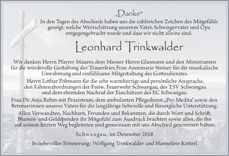  Traueranzeige für Leonhard Trinkwalder vom 18.12.2018 aus Allgäuer Zeitung, Füssen