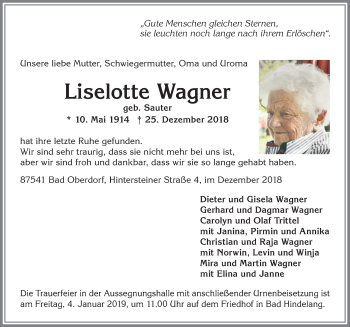 Traueranzeige von Liselotte Wagner von Allgäuer Anzeigeblatt