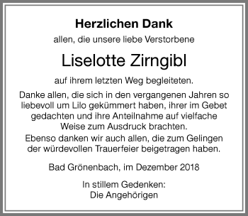 Traueranzeige von Liselotte Zirngibl von Memminger Zeitung
