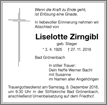 Traueranzeige von Liselotte Zirngibl von Memminger Zeitung