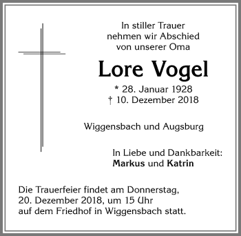 Traueranzeige von Lore Vogel von Allgäuer Zeitung,Kempten