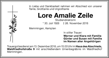 Traueranzeige von Lore Amalie Zeile von Allgäuer Zeitung