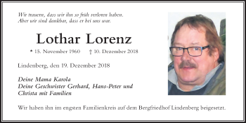 Traueranzeige von Lothar Lorenz von Der Westallgäuer