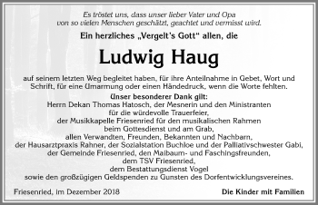 Traueranzeige von Ludwig Haug von Allgäuer Zeitung, Kaufbeuren/Buchloe