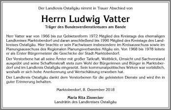 Traueranzeige von Ludwig Vatter von Allgäuer Zeitung