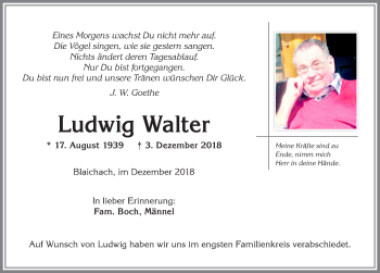 Traueranzeige von Ludwig Walter von Allgäuer Anzeigeblatt