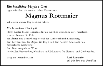 Traueranzeige von Magnus Rottmaier von Der Westallgäuer