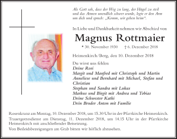 Traueranzeige von Magnus Rottmaier von Der Westallgäuer