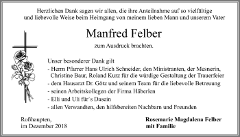 Traueranzeige von Manfred Felber von Allgäuer Zeitung, Füssen
