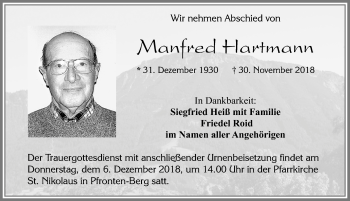 Traueranzeige von Manfred Hartmann von Allgäuer Zeitung, Füssen