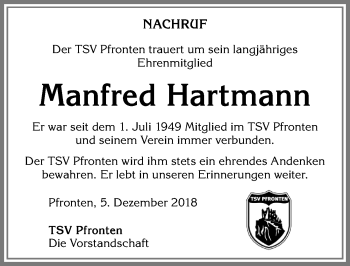 Traueranzeige von Manfred Hartmann von Allgäuer Zeitung, Füssen