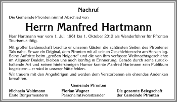 Traueranzeige von Manfred Hartmann von Allgäuer Zeitung, Füssen