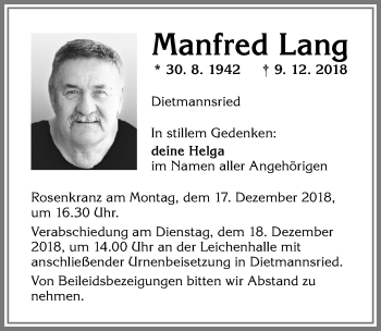 Traueranzeige von Manfred Lang von Allgäuer Zeitung,Kempten