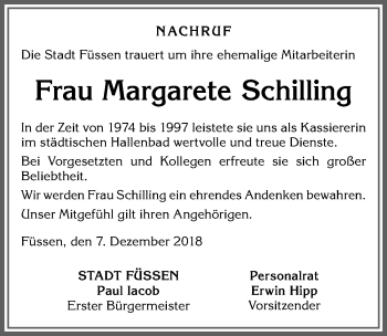 Traueranzeige von Margarete Schilling von Allgäuer Zeitung, Füssen