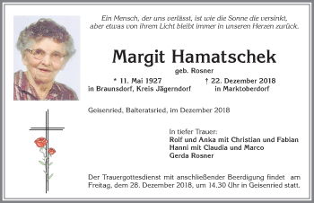 Traueranzeige von Margit Hamatschek von Allgäuer Zeitung, Marktoberdorf