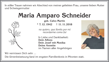 Traueranzeige von Maria Amparo Schneider von Allgäuer Zeitung, Füssen