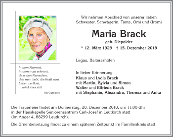 Traueranzeige von Maria Brack von Memminger Zeitung