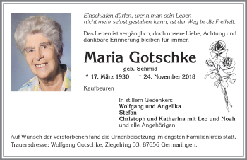 Traueranzeige von Maria Gotschke von Allgäuer Zeitung, Kaufbeuren/Buchloe