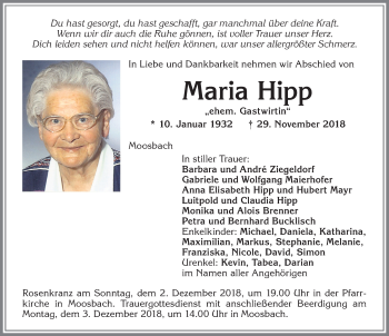 Traueranzeige von Maria Hipp von Allgäuer Zeitung, Gesamtausgabe