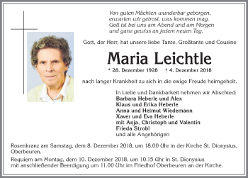 Traueranzeige von Maria Leichtle von Allgäuer Zeitung, Kaufbeuren/Buchloe