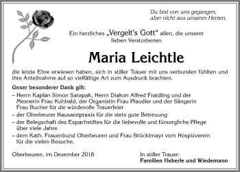 Traueranzeige von Maria Leichtle von Allgäuer Zeitung, Kaufbeuren/Buchloe