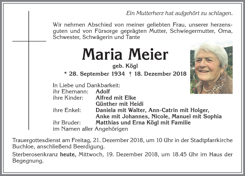  Traueranzeige für Maria Meier vom 19.12.2018 aus Allgäuer Zeitung, Kaufbeuren/Buchloe