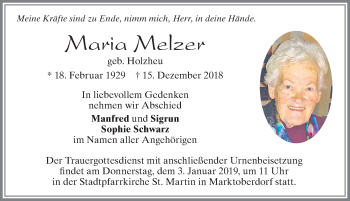 Traueranzeige von Maria Melzer von Allgäuer Zeitung, Marktoberdorf