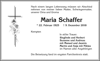 Traueranzeige von Maria Schaffer von Allgäuer Zeitung,Kempten