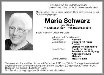 Traueranzeige von Maria Schwarz von Memminger Zeitung