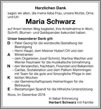 Traueranzeige von Maria Schwarz von Memminger Zeitung