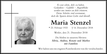 Traueranzeige von Maria Stenzel von Der Westallgäuer